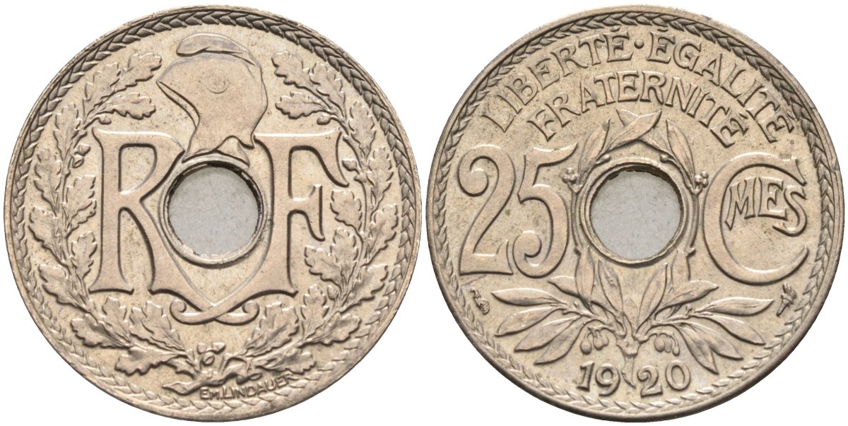 Франция 25 сантимов 1920 тип Lindauer KM 867а, Le Franc 171.4 медно-никель 4584-421