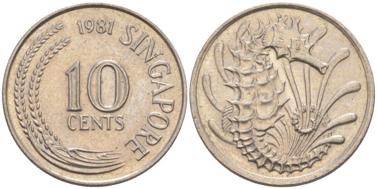 Сингапур 10 центов 1981 морской конек KM 3 медно-никель 187-458