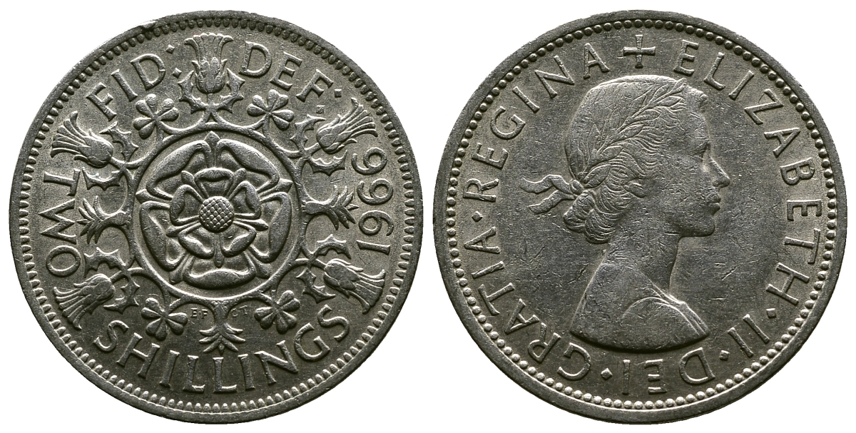 Великобритания 2 шиллинга (флорин) 1966 Елизавета II (1952-2022) KM 906, Spink 4146 медно-никель 4382-733