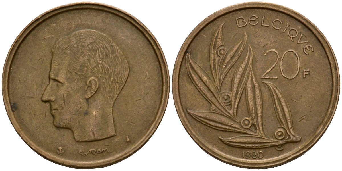 Бельгия 20 франков 1980 Belgique, Бодуэн I (1951-1993) KM 159 никель бронза 4601-335