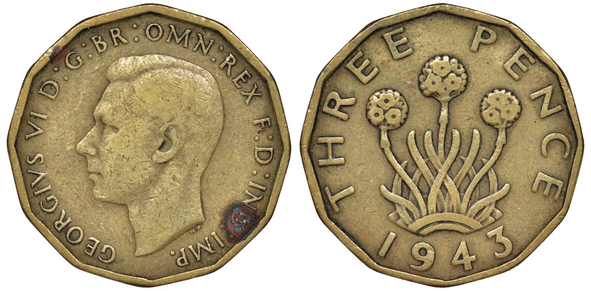 Великобритания 3 пенса 1943 Георг VI (1936-1952) KM 849, Spink 4112 никель латунь 51-2517