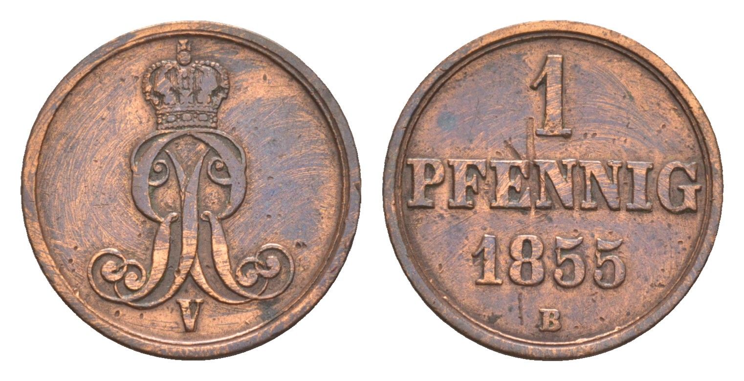 Ганновер 1 пфенниг 1855 B, Георг V (1851-1866) KM 221, AKS 155, J. 83 медь    4658-1057