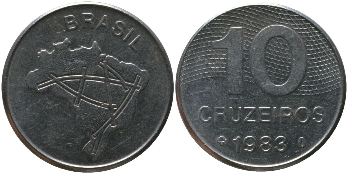 Бразилия 10 крузейро 1983 KM 592.1, Schon 101 нержавеющая сталь 4514-1233