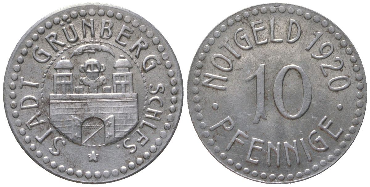 Грюнберг (Пруссия, Нижняя Силезия) 10 пфеннигов 1920 Funck 176.8, Men05 9889.5, Men18 12321.5 железо aUNC 4585-143