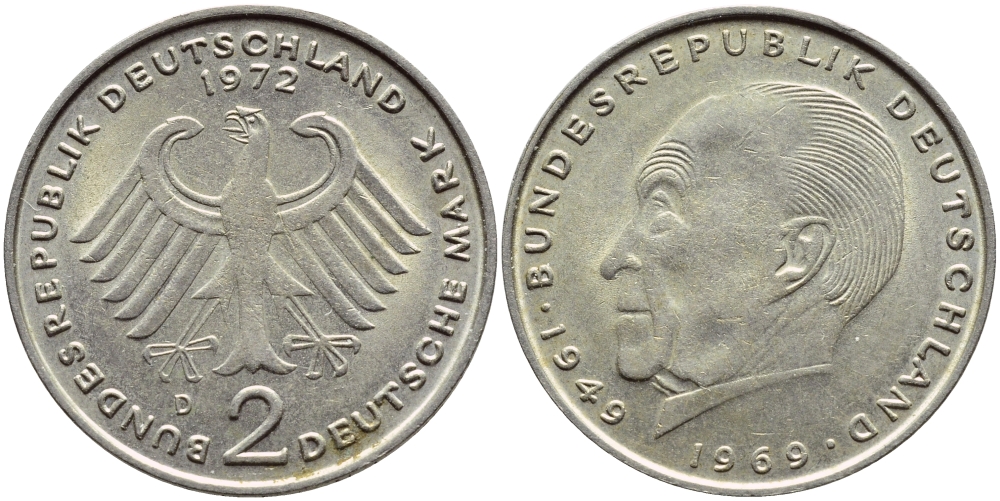 ФРГ 2 марки 1972 D, Конрад Аденауэр KM 124, J. 406 медно-никель плакированный никелем 177-625
