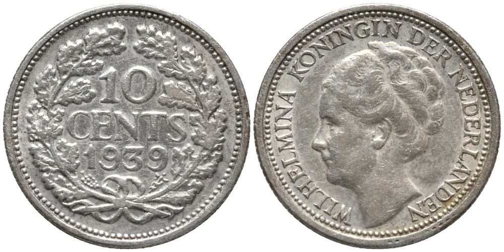 Нидерланды 10 центов 1939 Вильгельмина I (1890-1948) KM 163 серебро 4387-868