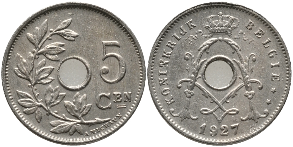 БЕЛЬГИЯ 5 САНТИМОВ 1927 BELGIE KM 67 медно-никель 76-142