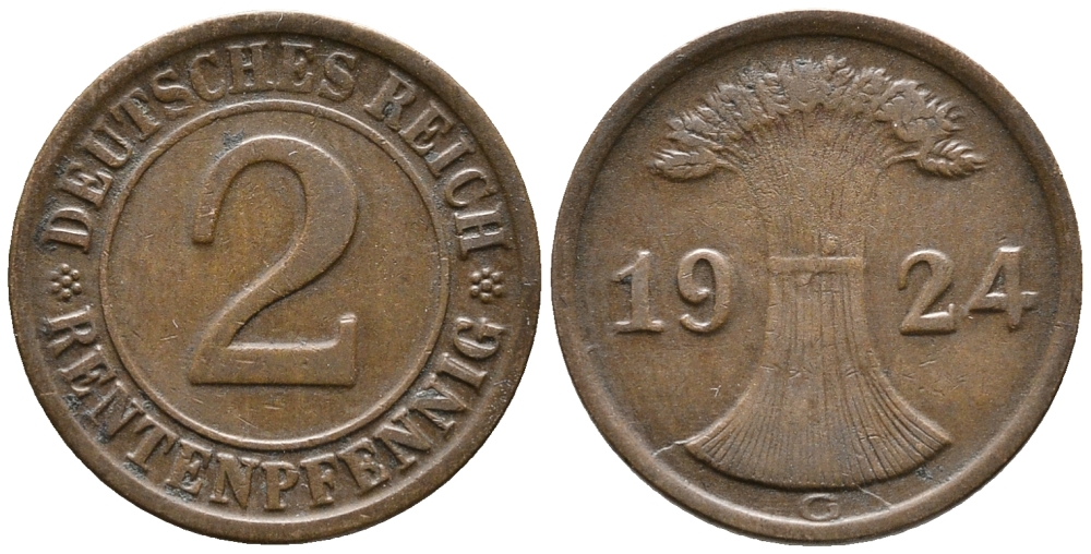 ГЕРМАНИЯ 2 РЕНТЕНПФЕННИГА 1924 G KM 31, J. 307 бронза 24-535