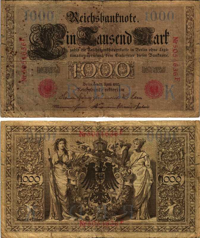 ГЕРМАНИЯ 1000 МАРОК 1910 21 АПРЕЛЯ 1910, КРАСНАЯ, СЕМИЗНАЧНЫЙ НОМЕР Pick 44b бумага 8518-53-2