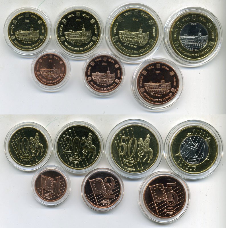 МОНАКО НАБОР ИЗ 7 МОНЕТ 2005 ЕВРОПРОБНИКИ (крупный формат) СЕРТИФИКАТ КАПСУЛЫ биметалл PROOF 06-081-1