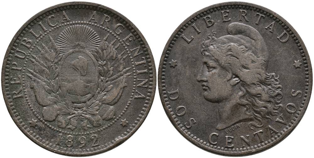 Аргентина 2 сентаво 1892 голова свободы влево KM 8 бронза 4531-1114