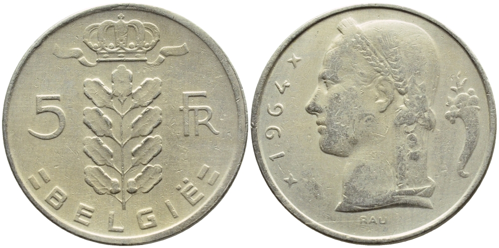 Бельгия 5 франков 1964 Belgie, Бодуэн I (1951-1993) KM 135.1 медно-никель 3999-942