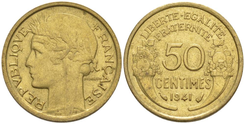 ФРАНЦИЯ 50 САНТИМОВ 1941 ТИП MORLON KM 894.1, LE FRANC 192.18 алюминиевая бронза 44-622