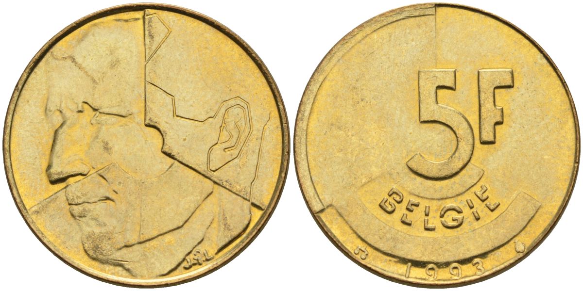 Бельгия 5 франков 1993 Belgie KM 164 алюминиевая бронза 4126-314