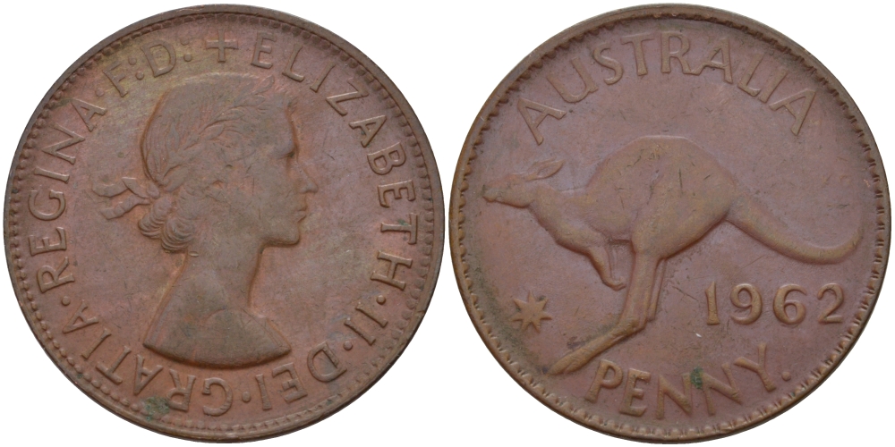 Австралия 1 пенни 1962 p, Елизавета II (1952-2022), кенгуру KM 56 бронза 82-811