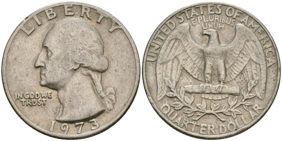 США 25 центов (квотер) 1973 Вашингтон KM 164a медь плакированная медно-никелем 183-242