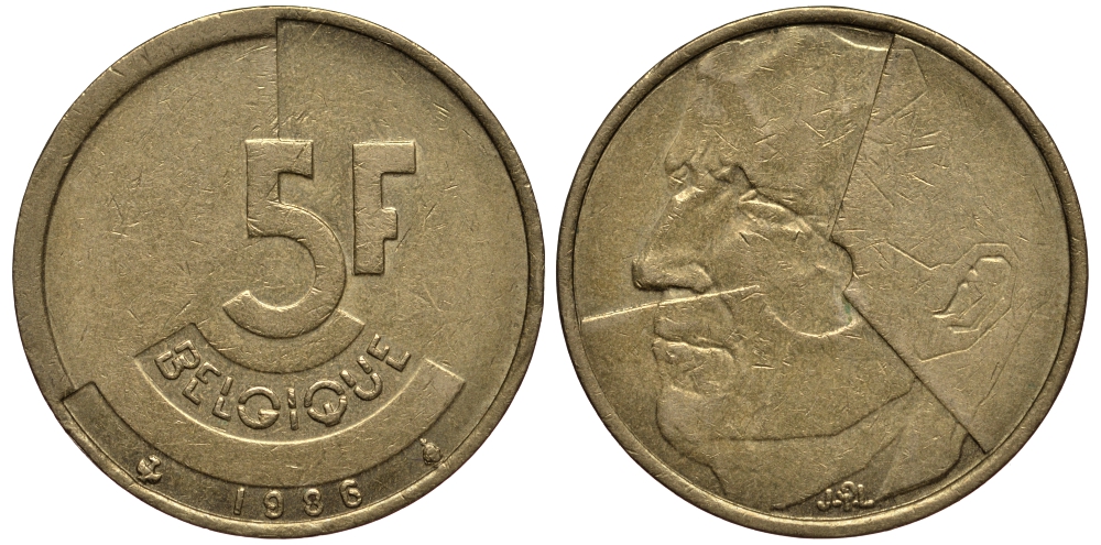 БЕЛЬГИЯ 5 ФРАНКОВ 1986 BELGIQUE, БОДУЭН I (1951-1993) KM 163 латунь или алюминиевая бронза VF 4182-542