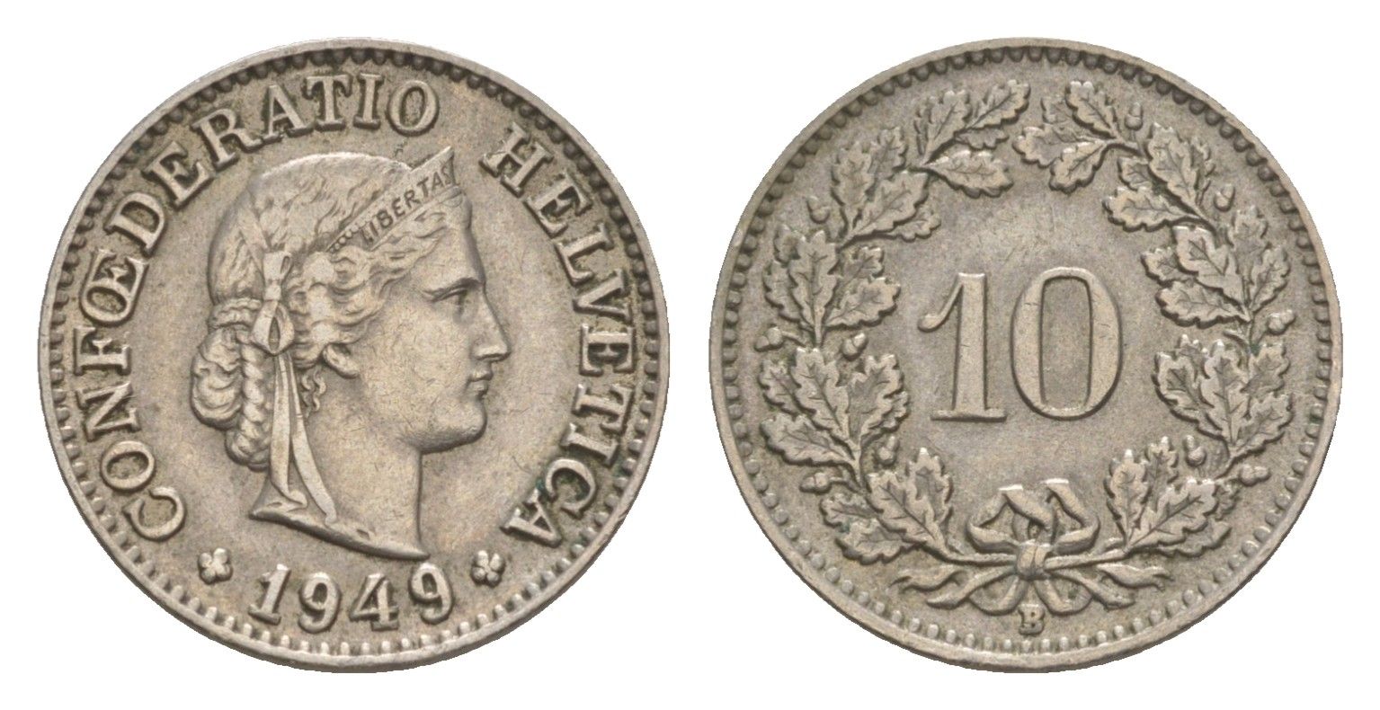 Швейцария 10 раппенов 1949 B KM 27 медно-никель 4609-741