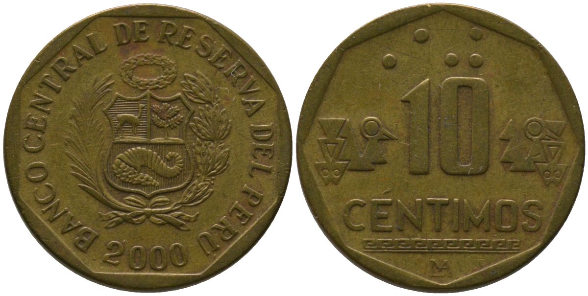 Перу 10 сентимо 2000 LIMA KM 305.3, Schon 104 латунь 4543-731