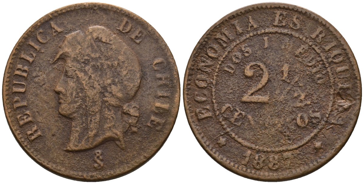 Чили 2 1/2 сентаво 1887 So KM 150 медь 87-1121
