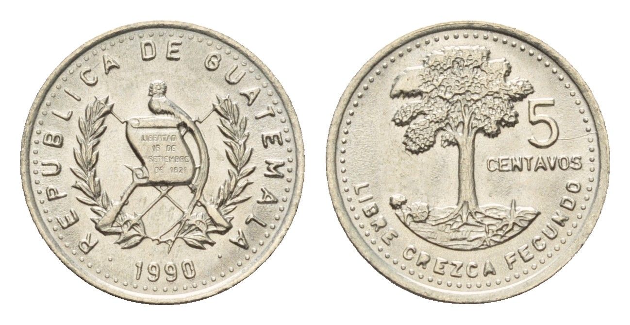 Гватемала 5 сентаво 1990 KM 276 медно-никель UNC 4668-1035