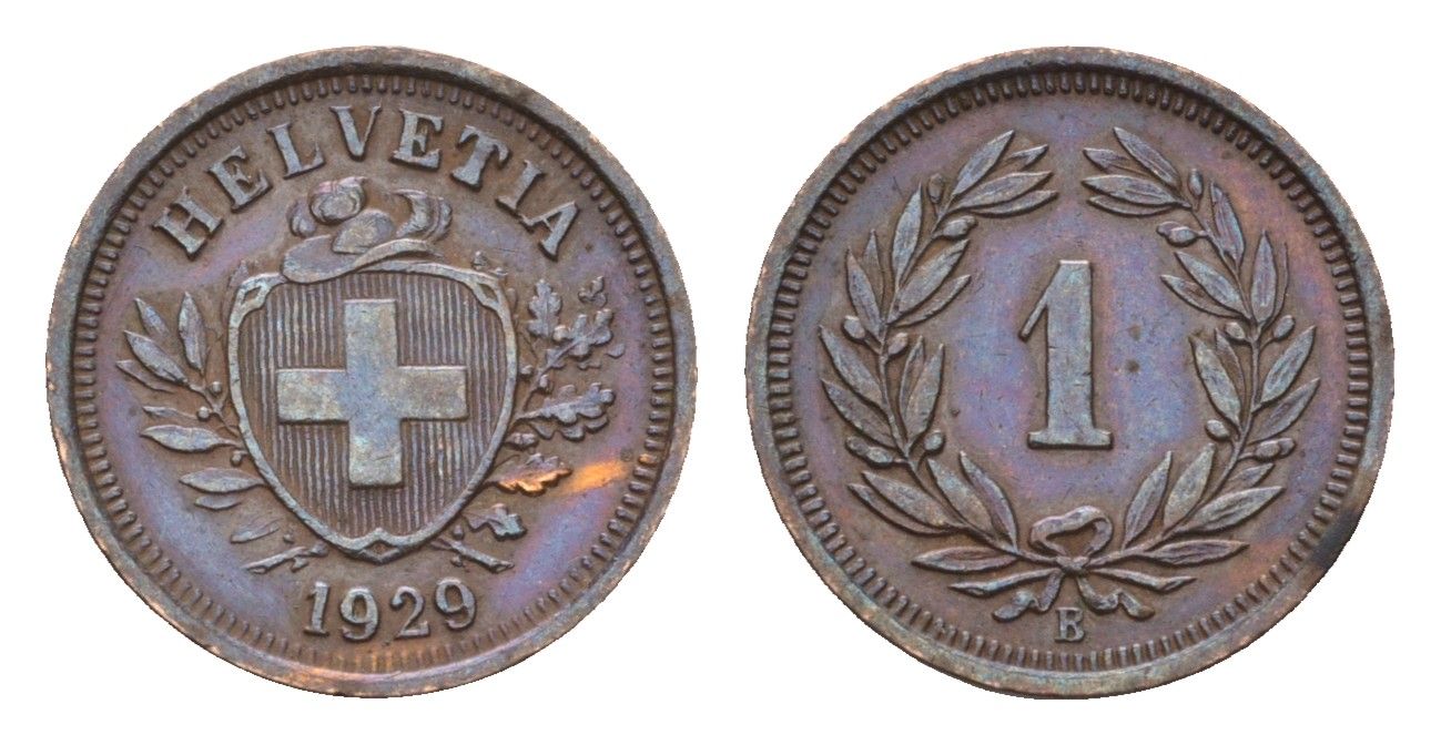 Швейцария 1 раппен 1929 B KM 3.2 бронза 4679-353