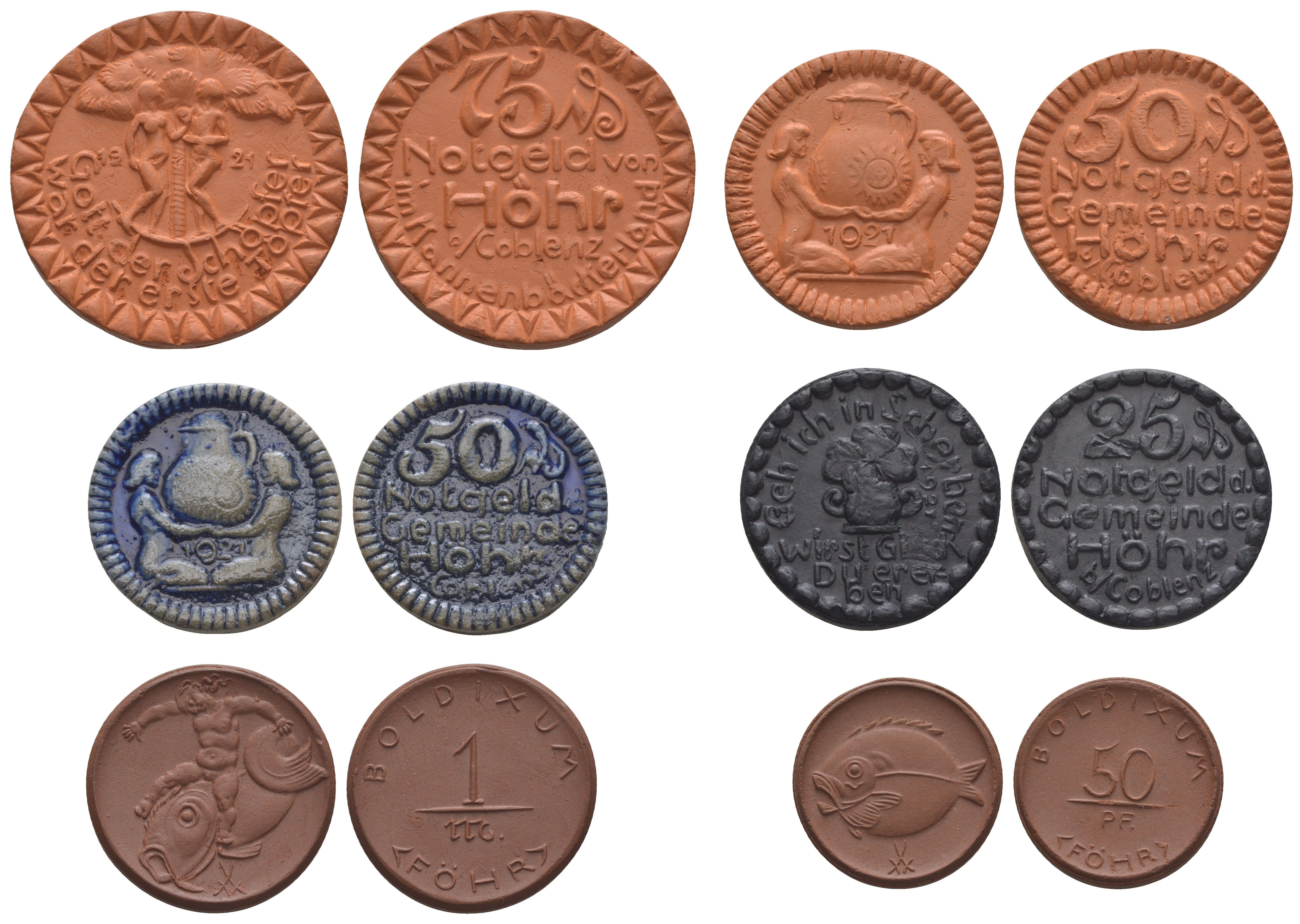 Германия набор из 6 нотгельдов (25, 50 и 75 пфеннигов; 1 марка) 1921 в оригинальной упаковке Канненбекер и Мейсена, Хёр и Бохум Scheuch 530aIII, Scheuch 530aII, Scheuch 531aII, Scheuch 530nII фарфор 8-2-02-47