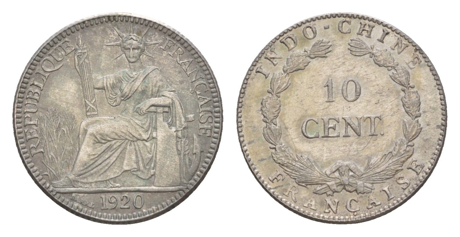 Французский Индокитай 10 сантимов 1920 год-тип KM 14 серебро 1526-1342