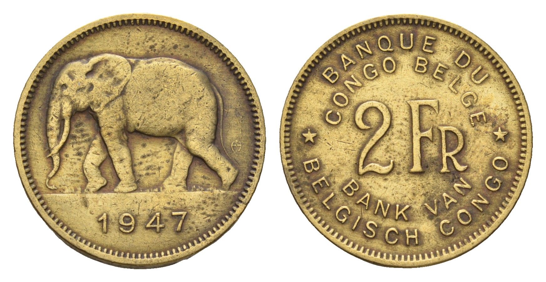 Бельгийское Конго 2 франка 1947 слон, Леопольд III KM 28 латунь 4670-1232