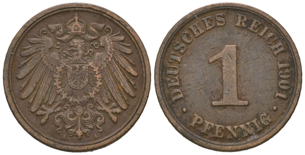 Германия 1 пфенниг 1901 A, Вильгельм II (1888-1918) KM 10, J. 10, Weege 2 медь 4615-217