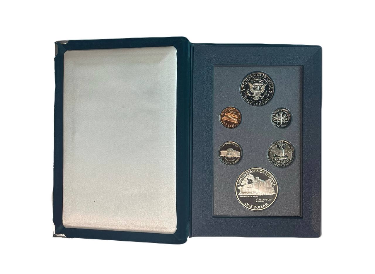 США годовой набор из 6 монет (1, 5, 10 (дайм), 25 (1/4 доллара, квотер) и 50 центов (1/2 доллара; 1 доллар) 1990 100 лет со дня рождения Эйзенхауэра, в оригинальной коробке, с сертификатом KM 201b, A192, 195a, 164a, A202b и 227 PROOF 3-4-10-01