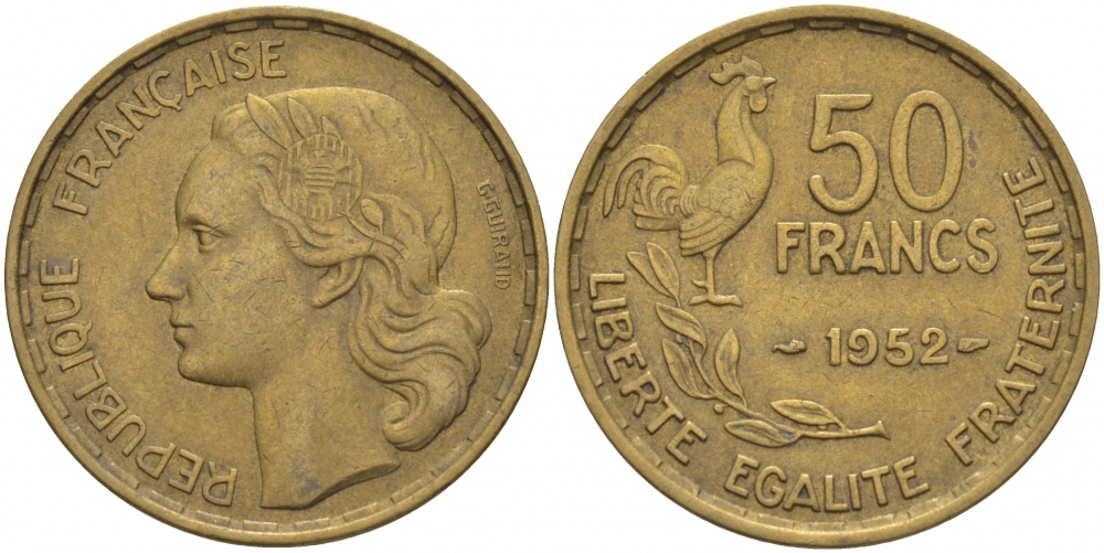 ФРАНЦИЯ 50 ФРАНКОВ 1952 KM 918.1 алюминиевая бронза 3856-1146