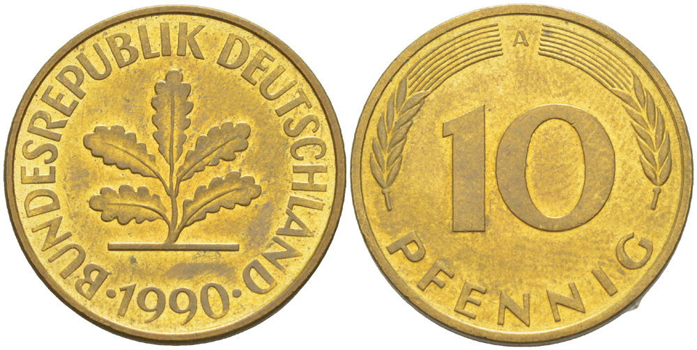 ФРГ 10 ПФЕННИГОВ 1990 A KM 108, J. 383 сталь плакированная латунью 4182-952