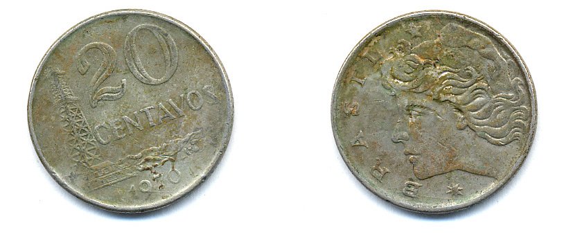 Бразилия 20 сентаво 1970 голова Свободы влево KM 579.2, Schon 84a медно-никель 51-4643