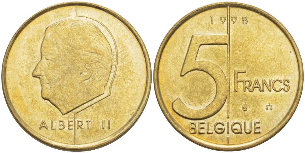 БЕЛЬГИЯ 5 ФРАНКОВ 1998 BELGIQUE, АЛЬБЕРТ II (1993-) KM 189 алюминиевая бронза 4382-1131