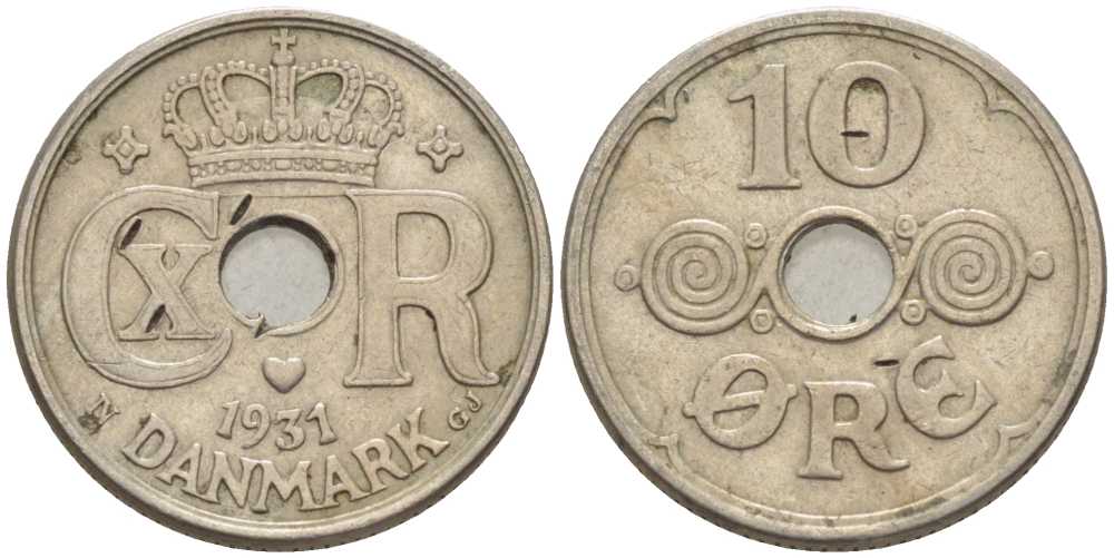 ДАНИЯ 10 ЭРЕ 1931 N ; GJ, КРИСТИАН X (1912-1947), LARGE N KM 822.2 медно-никель 4392-1265