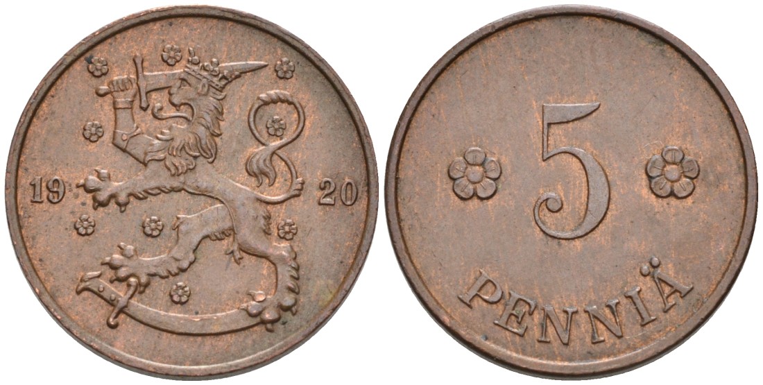 Финляндия 5 пенни 1920 KM 22 медь 192-1243