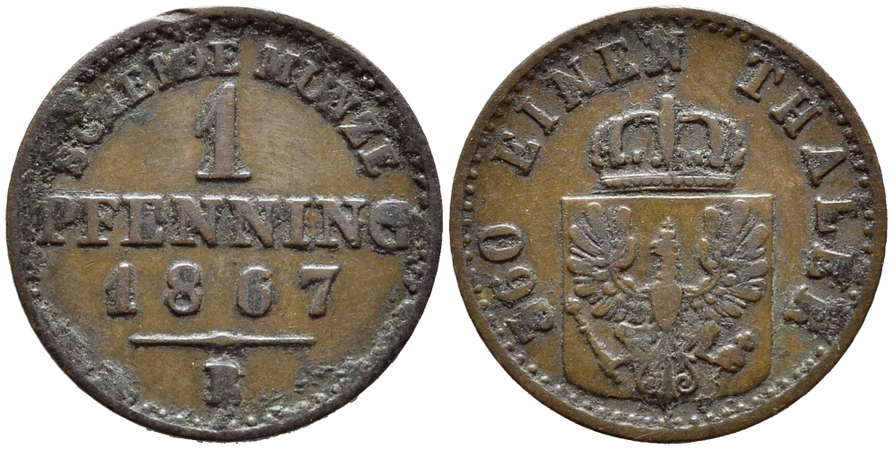 ПРУССИЯ 1 ПФЕННИГ 1867 B KM 480 медь 84-1547