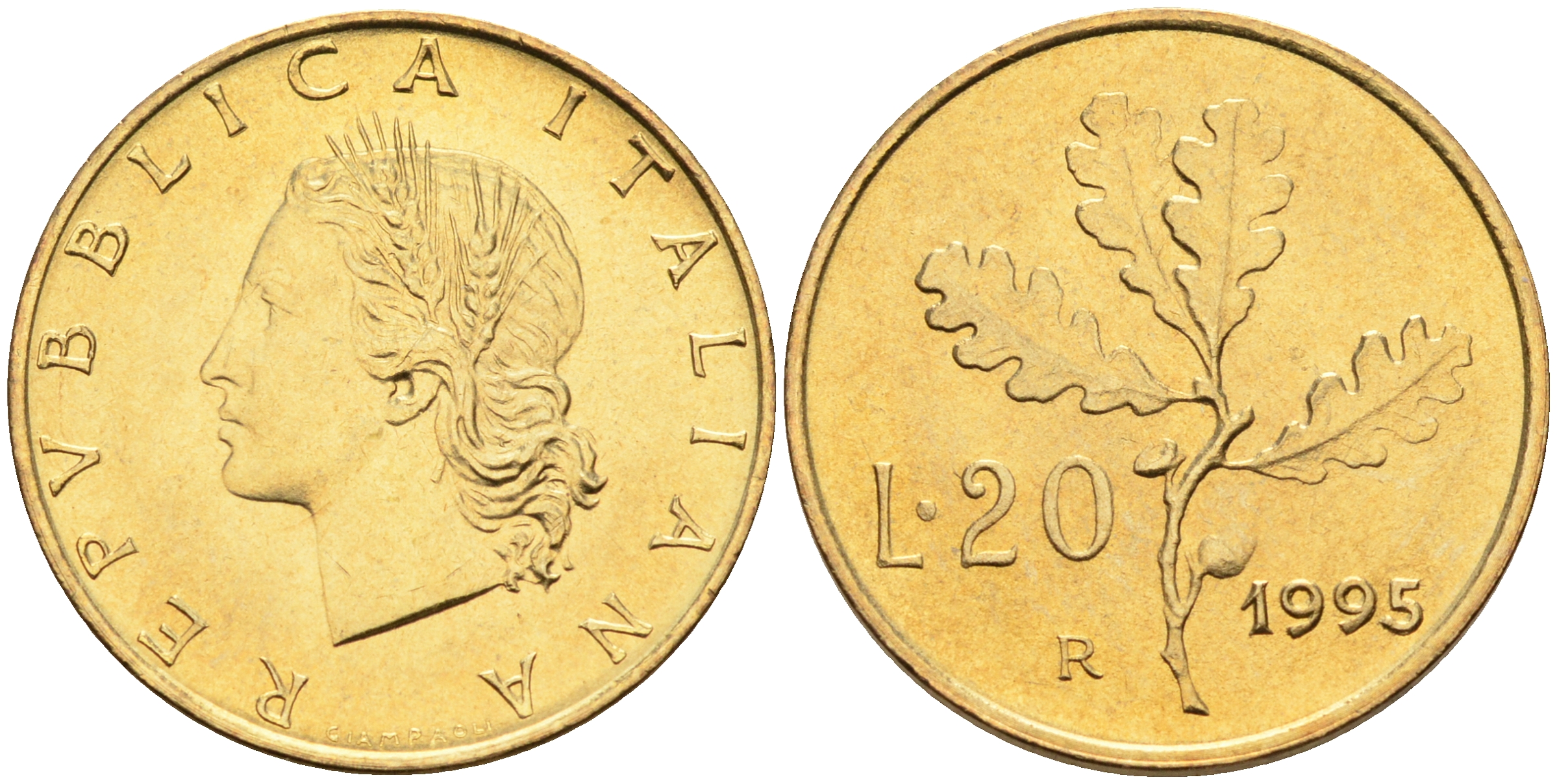 Италия 20 лир 1995 R, дубовый лист KM 97.2 алюминиевая бронза  UNC  4594-967