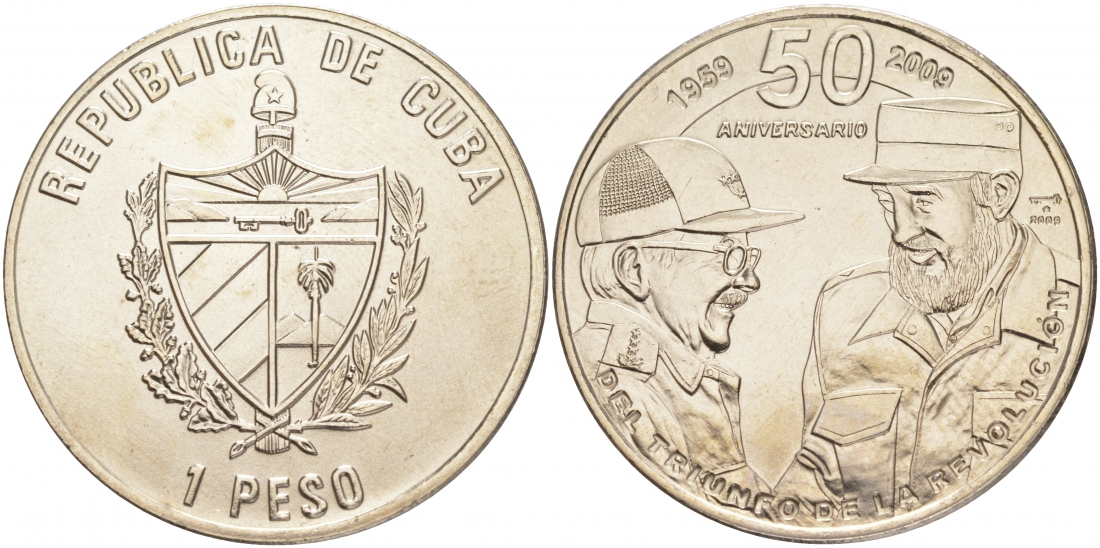 Куба 1 песо 2009 50 лет победы Революции, Фидель и Рауль Кастро KM 908 медно-никель UNC 00-00