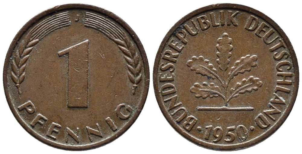 ФРГ 1 ПФЕННИГ 1950 J KM 105, J. 380 сталь плакированная медью 39-1246