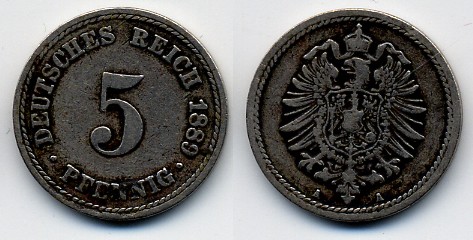 ГЕРМАНИЯ 5 ПФЕННИГОВ 1889 A, СТАРОГЕРБОВКА KM 3, J.3 медно-никель 51-5042