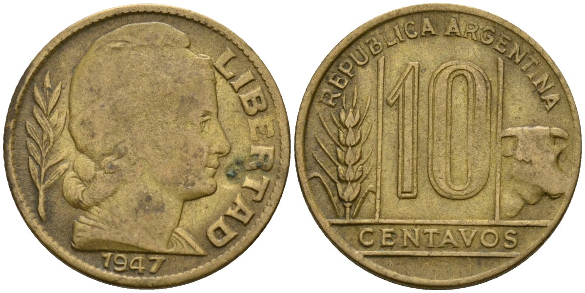 Аргентина 10 сентаво 1947 голова Свободы вправо KM 41 алюминиевая бронза 4174-241