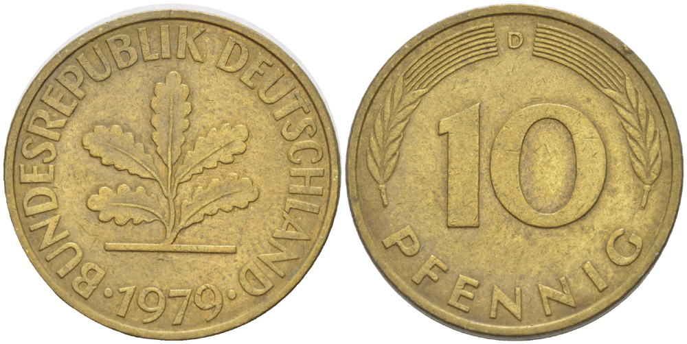 ФРГ 10 ПФЕННИГОВ 1979 D KM 108, J. 383 сталь плакированная латунью 4182-912