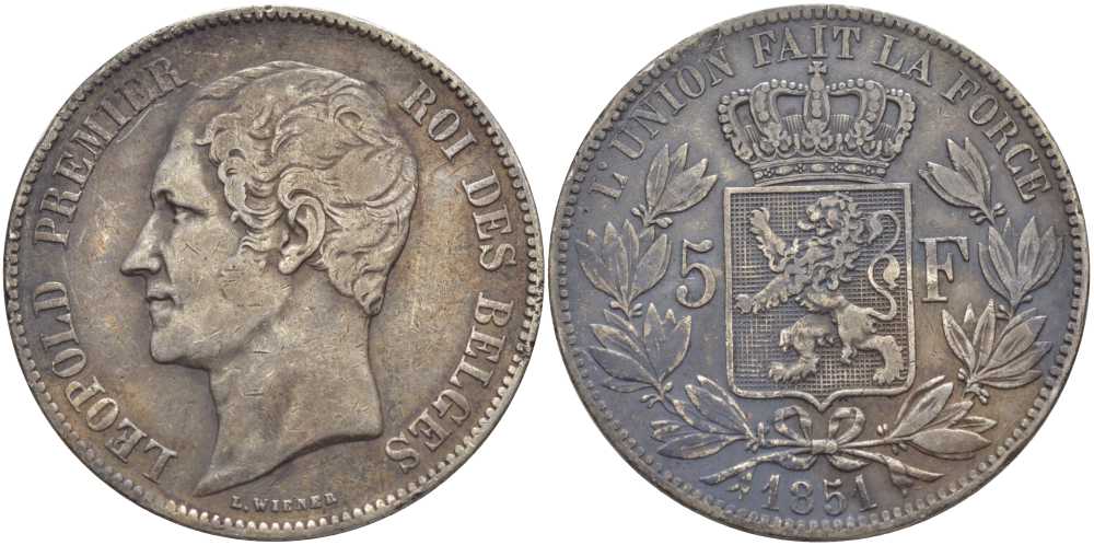 Бельгия 5 франков 1851 Леопольд I (1831-1865), точка над датой KM 17 серебро 5010-823