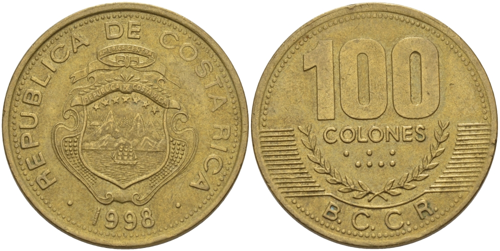 Коста-Рика 100 колон 1998 B.C.C.R. KM 230а латунь 82-241