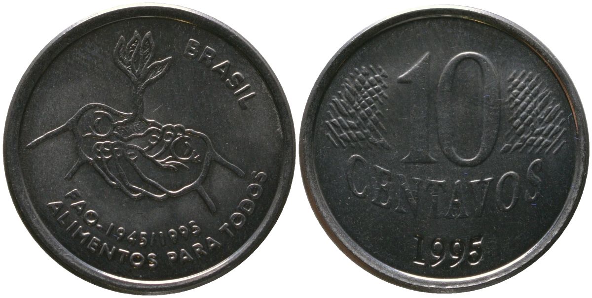 Бразилия 10 сентаво 1995 50 лет Всемирной продовольственной программе KM 641 нержавеющая сталь 4519-923