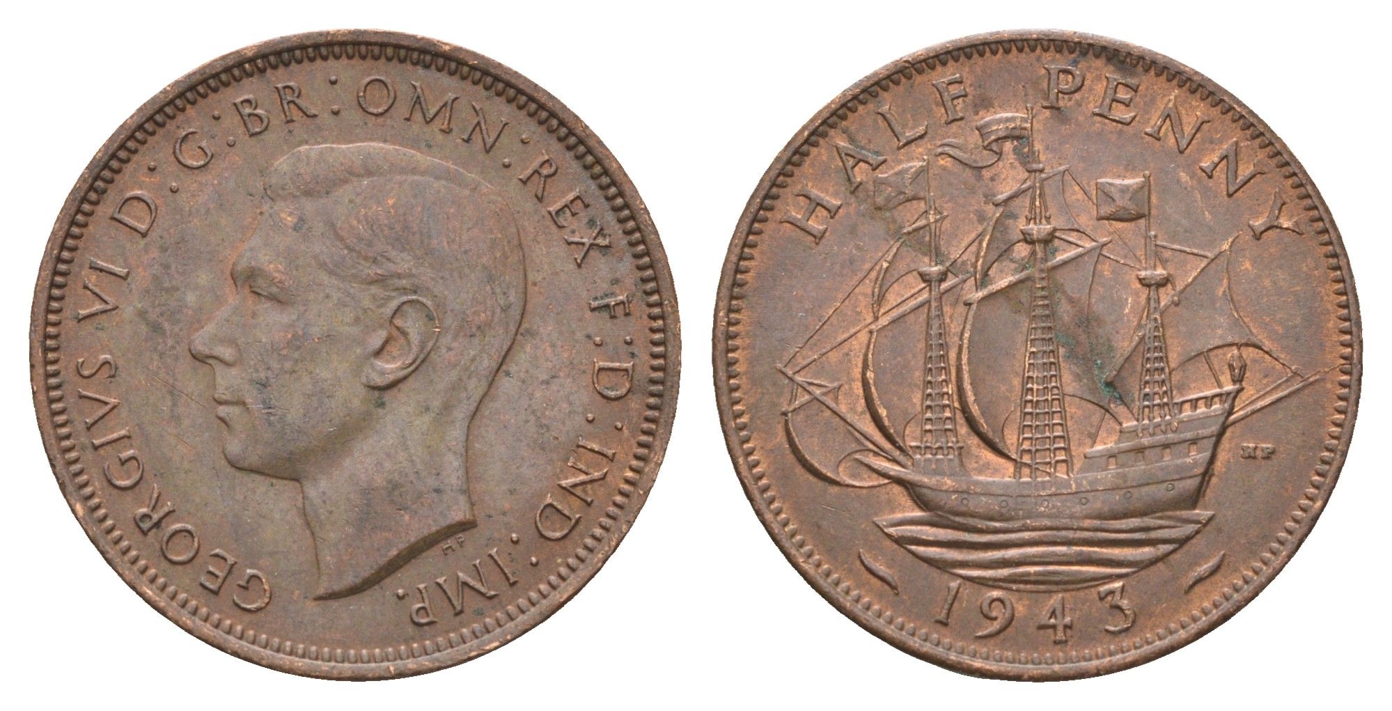 Великобритания 1/2 пенни 1943 Георг VI (1936-1952) KM 844, Spink 4115 бронза 4662-1057