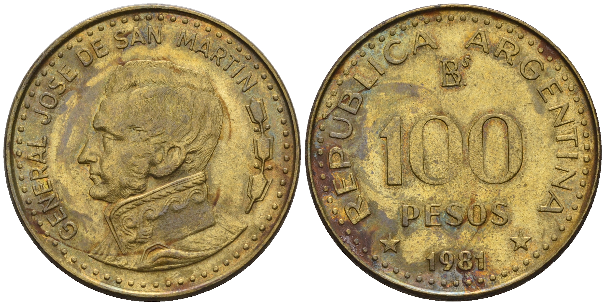 Аргентина 100 песо 1981 генерал Хосе де Сан Мартин KM 85a сталь плакированная латунью 4610-1052