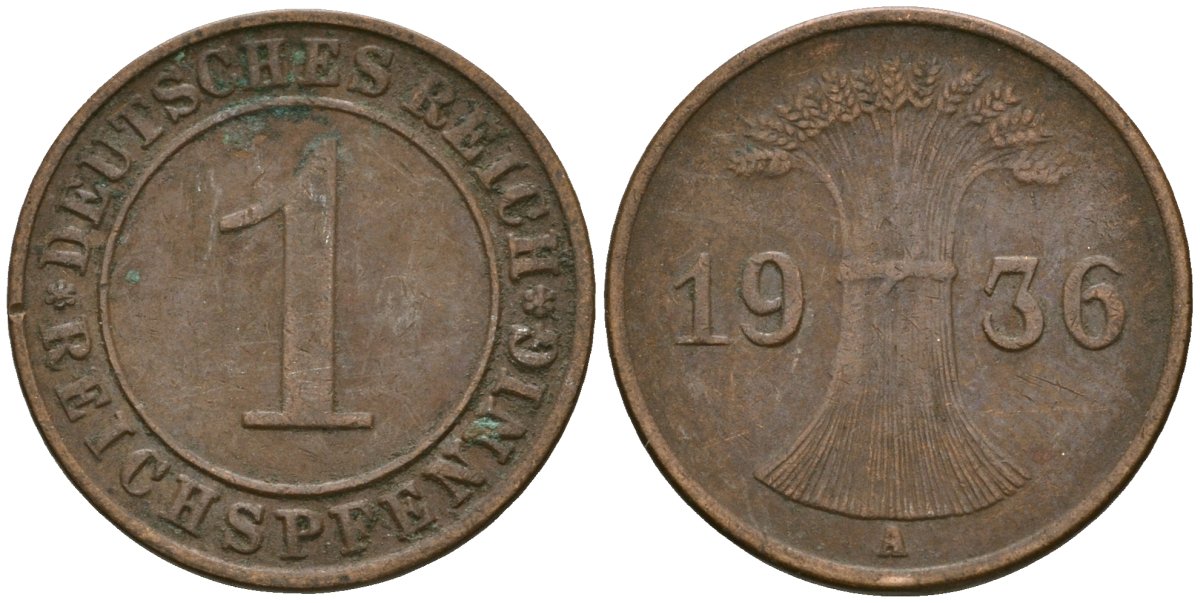 Германия 1 рейхспфенниг 1936 A KM 37, J. 313 бронза 4528-1251